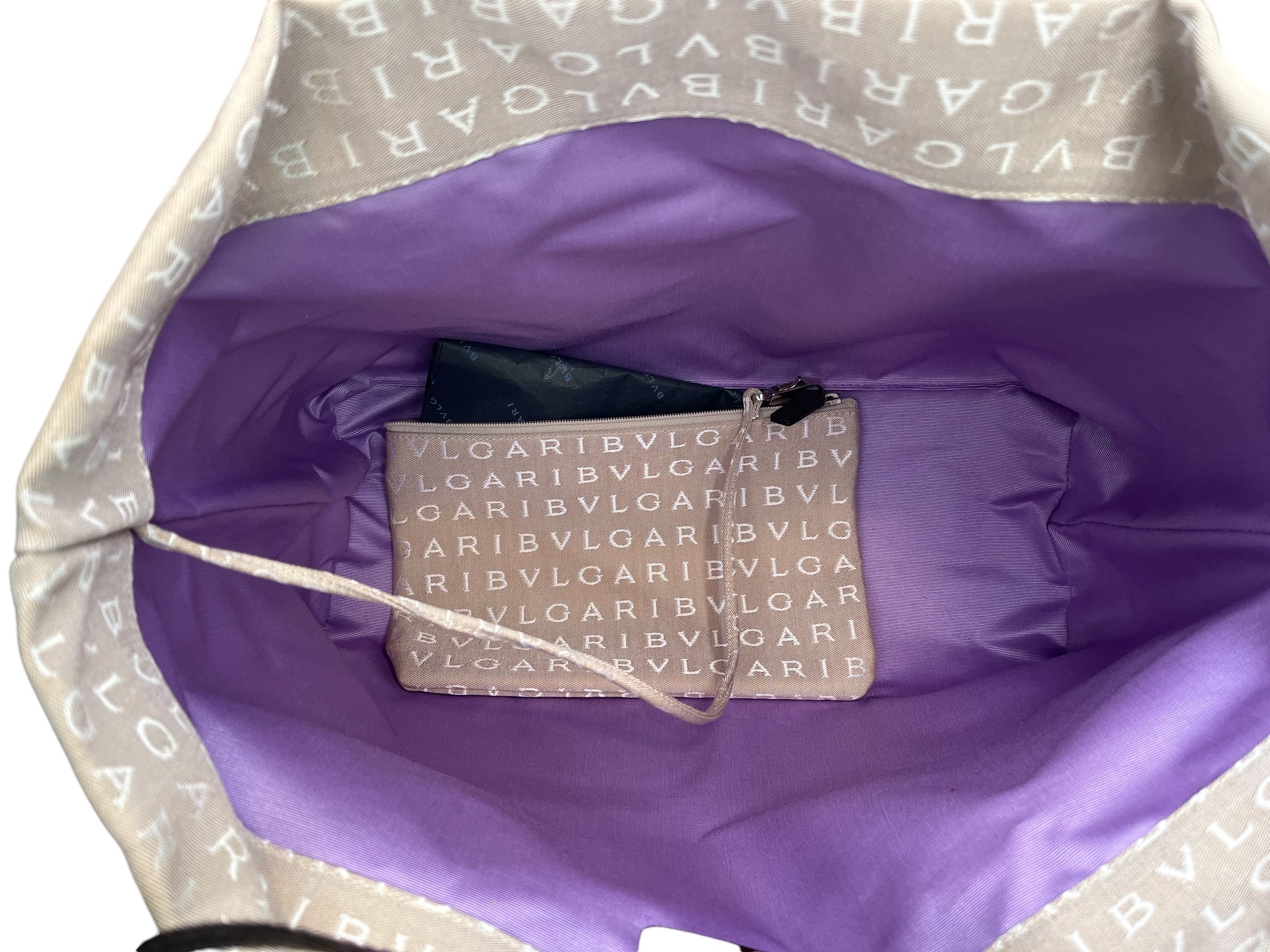 Authentic Bvlgari Logo Mania Sofia Fabric Tote in Soft Hazelnut Brown