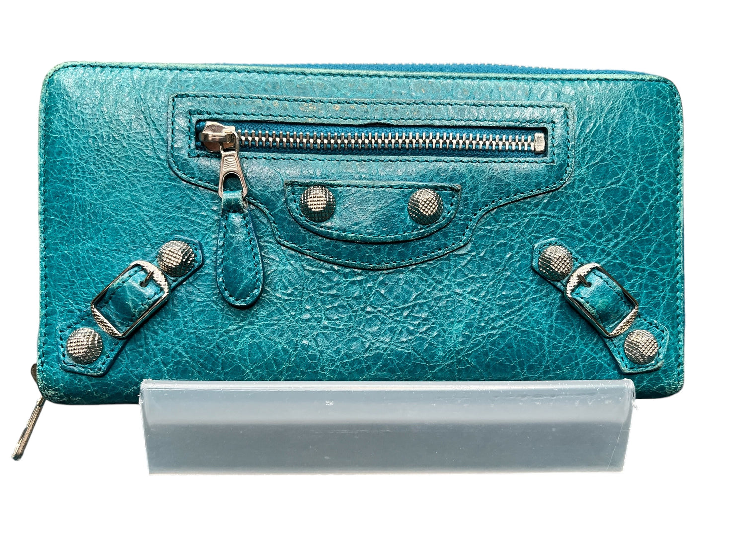 Balenciaga Leather Zip-Around City Wallet in Turquoise