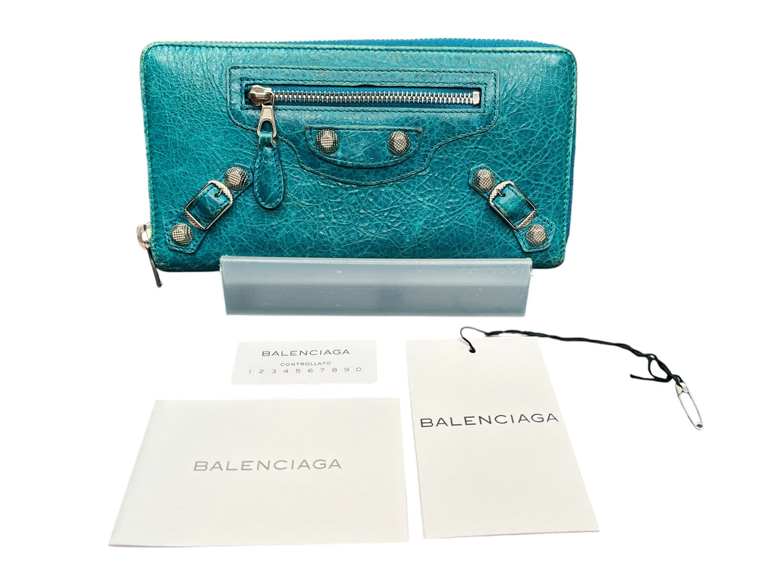 Balenciaga Leather Zip-Around City Wallet in Turquoise