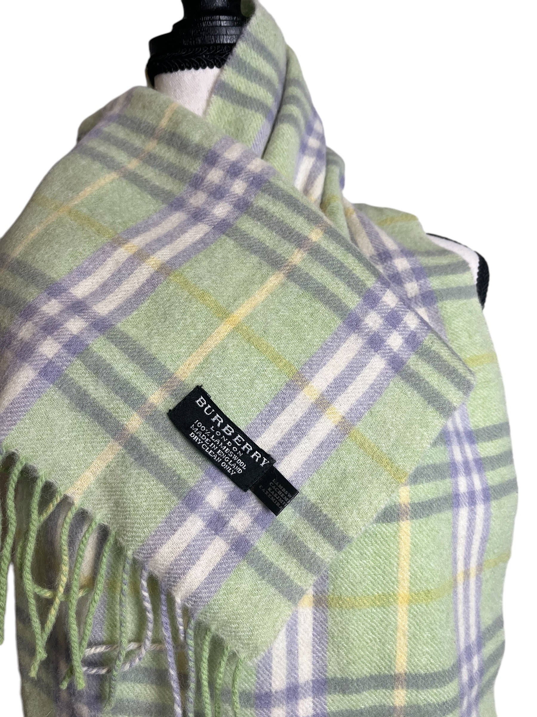 Burberry London 100% Lambswool Mint Green Plaid Winter Scarf - EXTRA LONG!