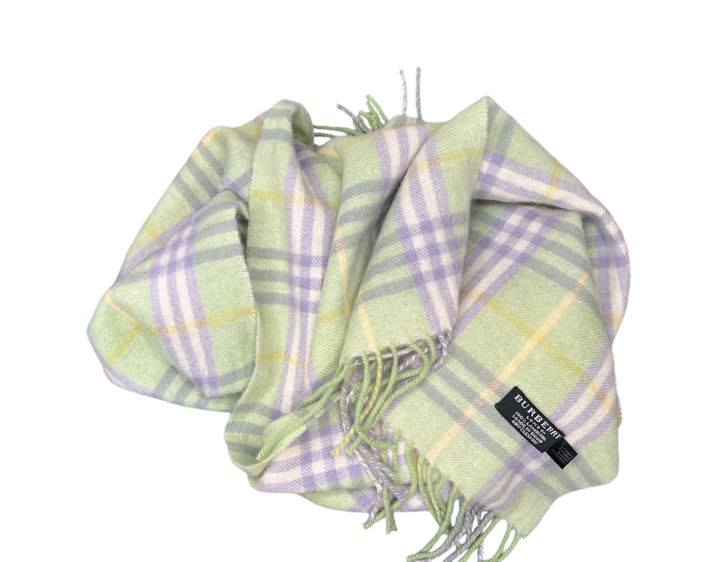 Burberry London 100% Lambswool Mint Green Plaid Winter Scarf - EXTRA LONG!